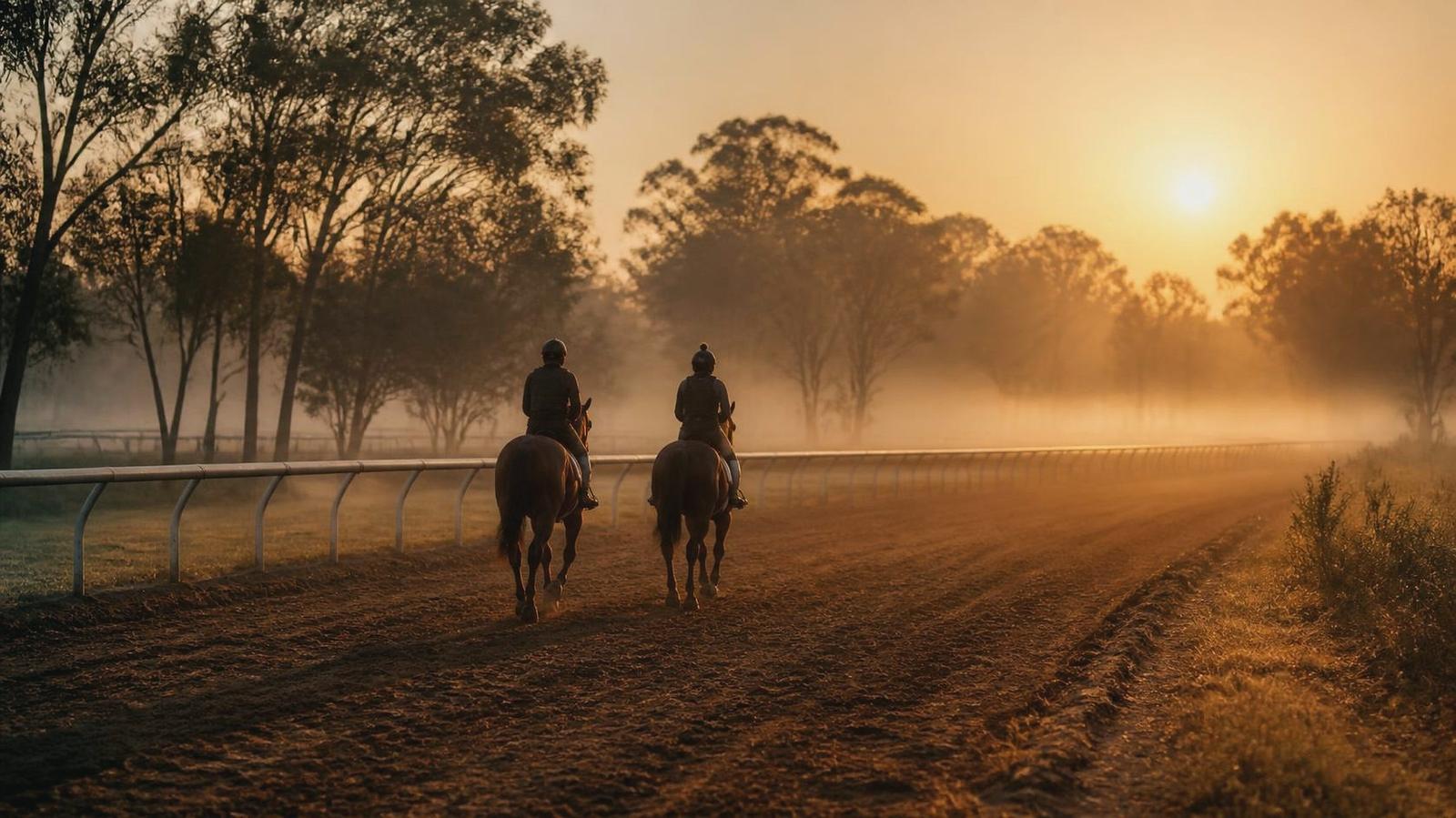 Two racehorses and their riders walking a sand training track at dawn, mist and gum trees behind