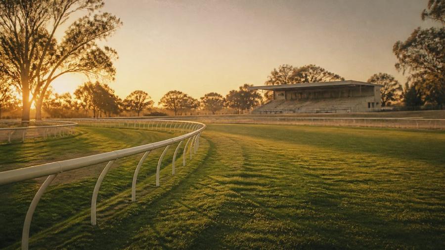 A racecourse grandstand and turf track