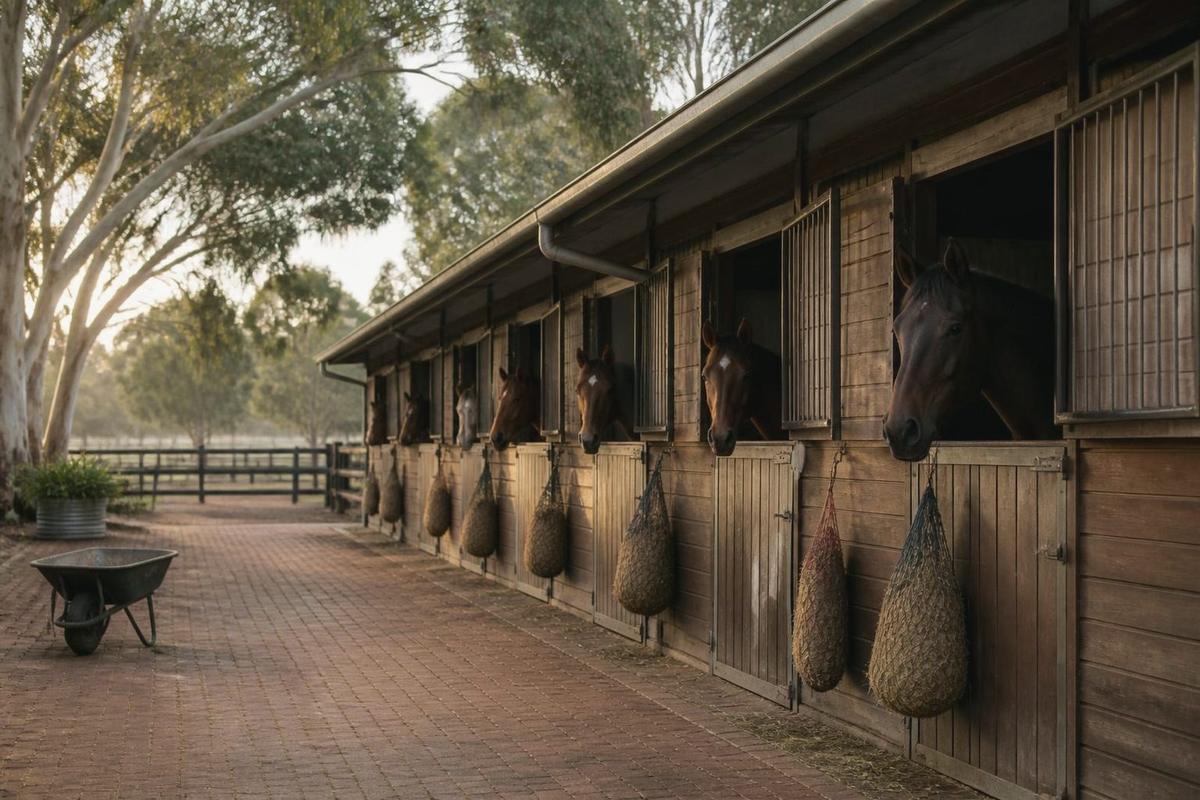 A timber stable row with horses looking out over their doors, hay nets hanging