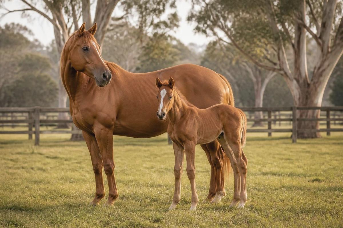 A chestnut mare standing with her foal in a stud paddock