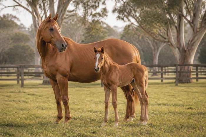 A chestnut mare standing with her foal in a stud paddock